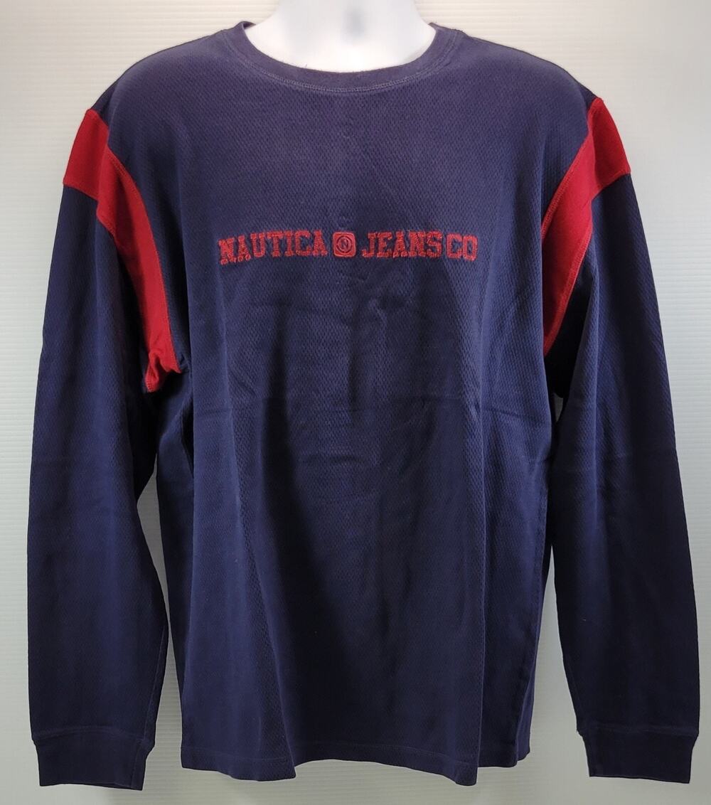 Vintage Men's Nautica Jeans Company Long Sleeve Shirt Cotton Navy Blue Red XL